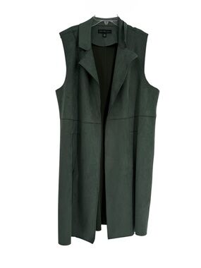 Joan Vass Long Faux Suede Open Front Vest Green Size Large Collared pockets
